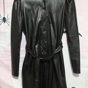 Black Faux Leather Belted Coat